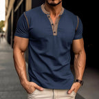 Exclusive Summer Button V-Neck T-Shirt | Casual Cotton Blouse — Army Green — Size L — Top View