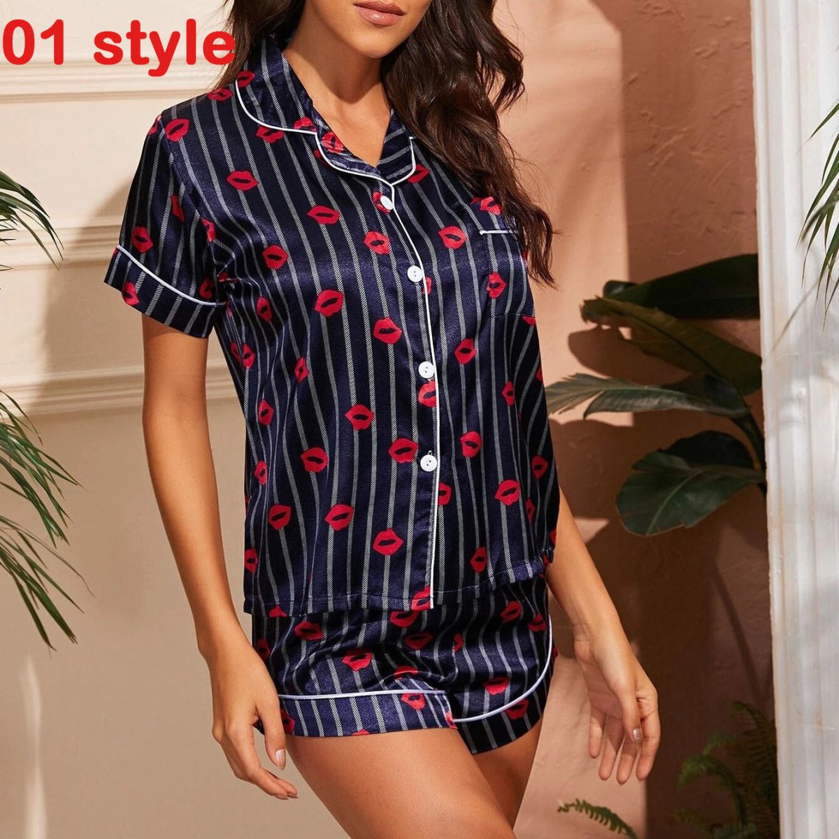 Exclusive Print V-Neck Stretch Lingerie Female Sleepwear — 01.style — Size S — Back View