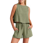 Exclusive Summer Sleeveless Top & Shorts Set — Apricot — Size L — Top View