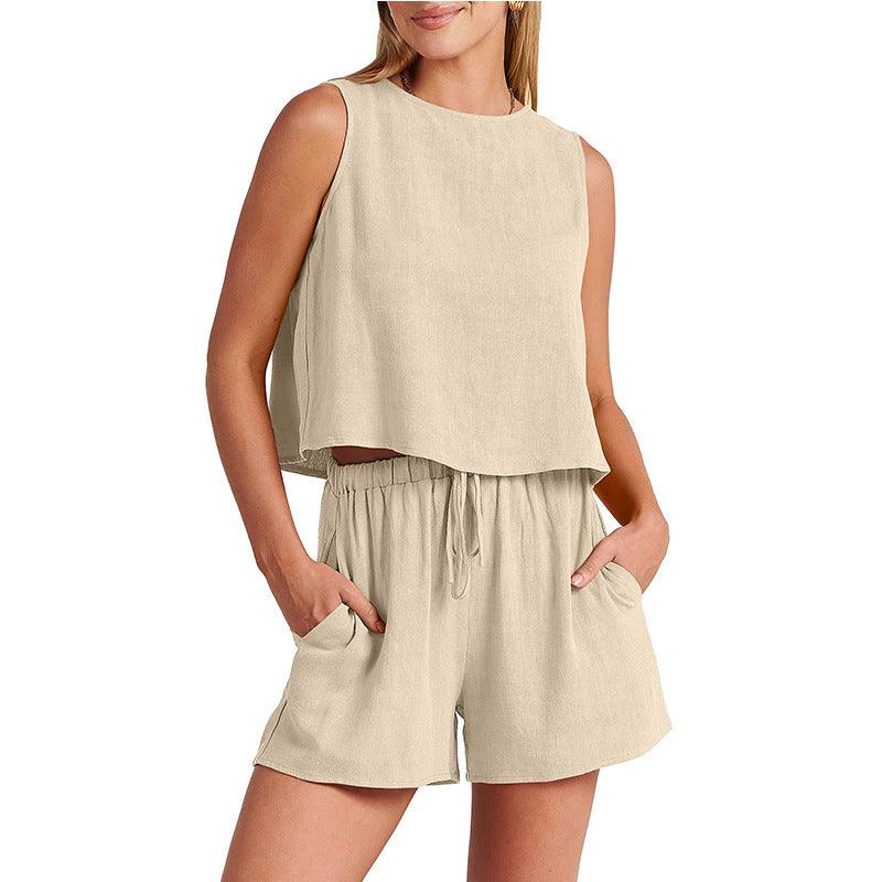 Exclusive Summer Sleeveless Top & Shorts Set — Apricot — Size L — Back View