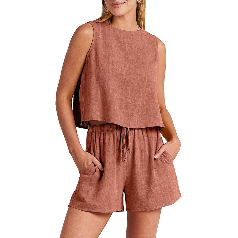 Exclusive Summer Sleeveless Top & Shorts Set — Apricot — Size L — Lifestyle View
