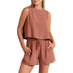 Exclusive Summer Sleeveless Top & Shorts Set — Apricot — Size L — Lifestyle View