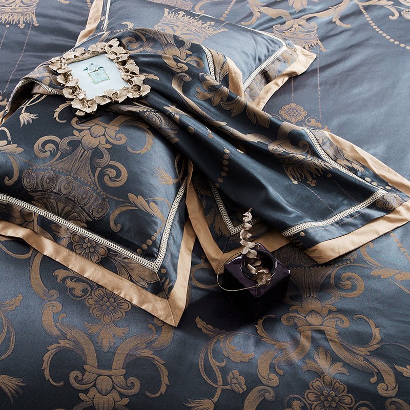 Exclusive Tencel Cotton Satin Jacquard Bedding | Luxurious Comfort — Blue gold — Size 2.0m — Detail View