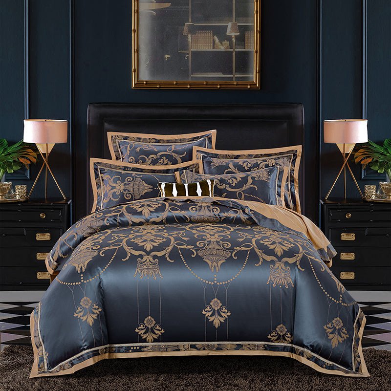 Exclusive Tencel Cotton Satin Jacquard Bedding | Luxurious Comfort — Blue gold — Size 2.0m — Front View