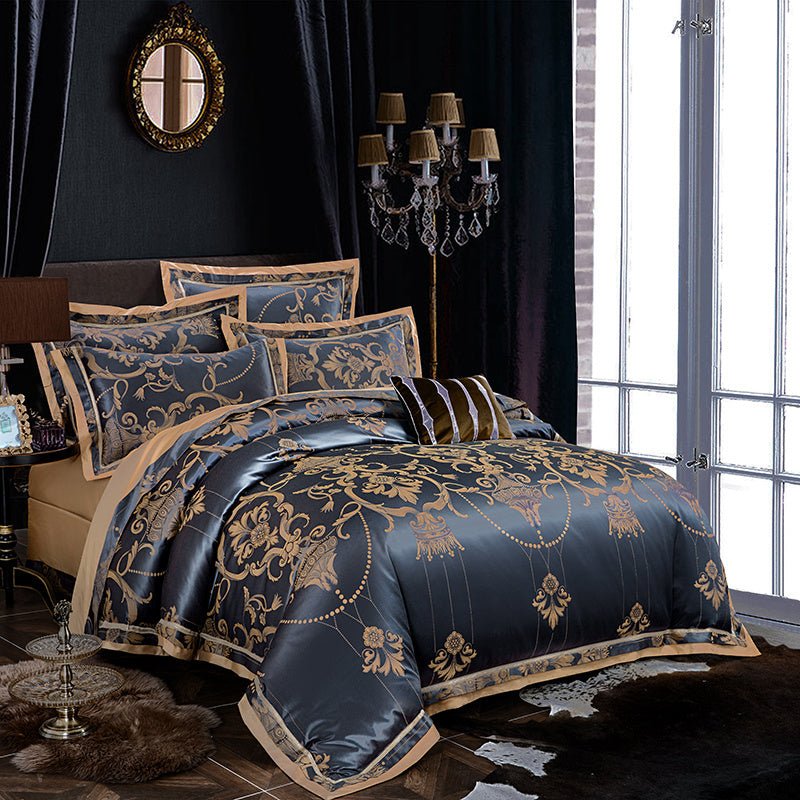 Exclusive Tencel Cotton Satin Jacquard Bedding | Luxurious Comfort — Blue gold — Size 2.0m — Side View
