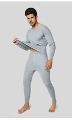 Exclusive Thermal Underwear Suit Men's Round Neck Polyester Thin Autumn Clothes Winter — Light Grey — Size L — Top View