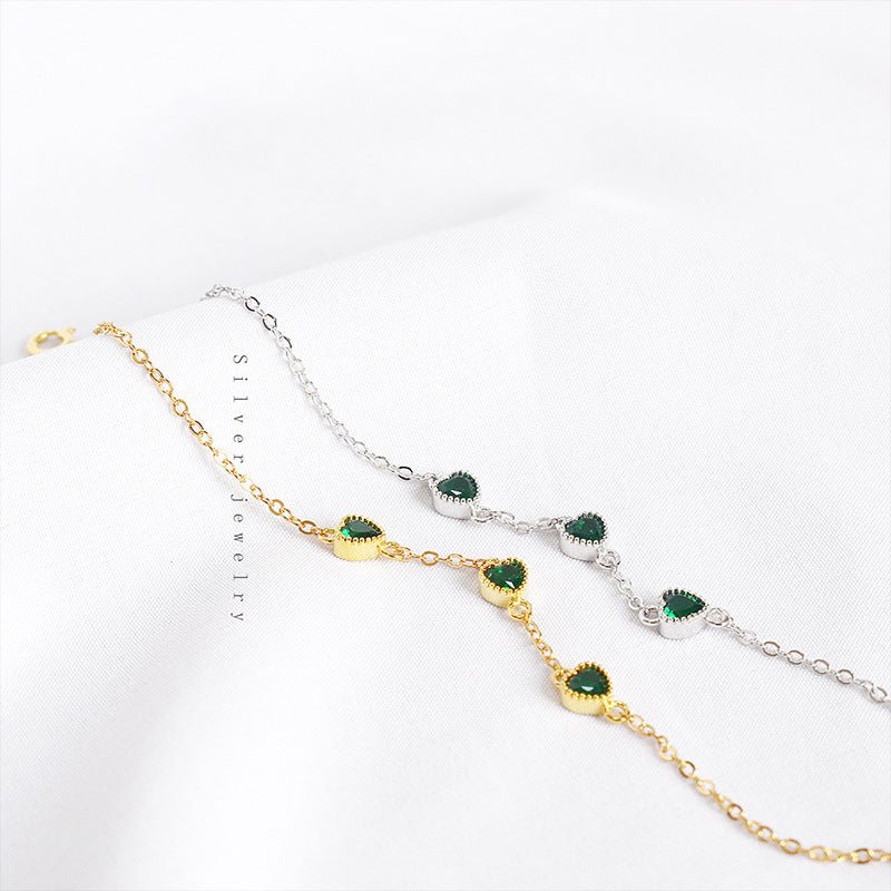 Exclusive Three Lovely Emerald Gemstone Bracelet — Bracelet White — Size 925 Silver — Side View