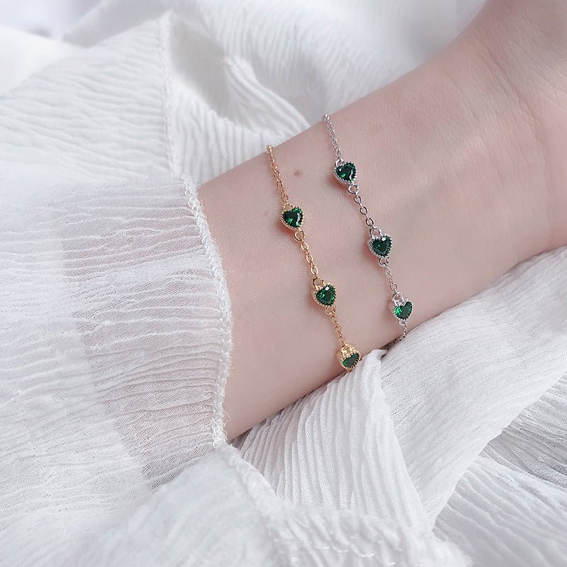 Exclusive Three Lovely Emerald Gemstone Bracelet — Bracelet White — Size 925 Silver — Front View