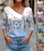 Exclusive V-neck Long Sleeve T-shirt Floral Print — Blue — Size 2XL — Side View
