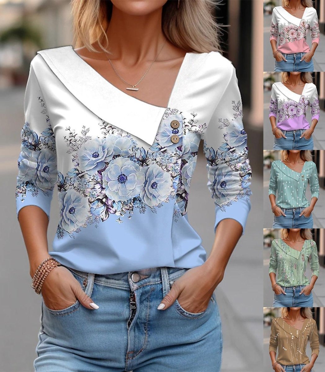 Exclusive V-neck Long Sleeve T-shirt Floral Print — Blue — Size 2XL — Side View