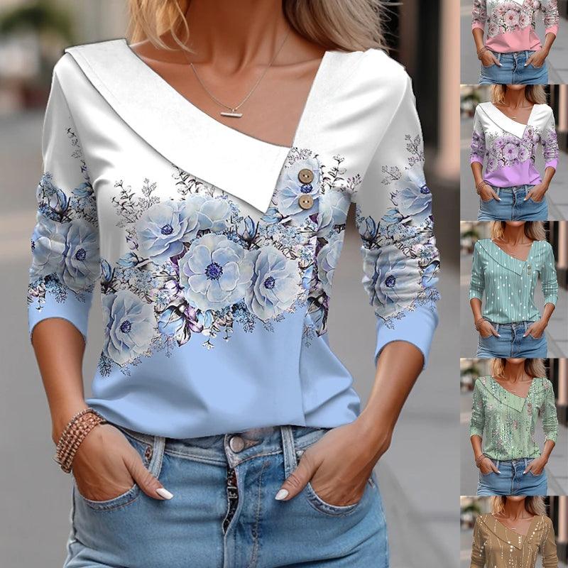 Exclusive V-neck Long Sleeve T-shirt Floral Print — Blue — Size 2XL — Front View