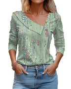 Exclusive V-neck Long Sleeve T-shirt Floral Print — Blue — Size 2XL — Lifestyle View