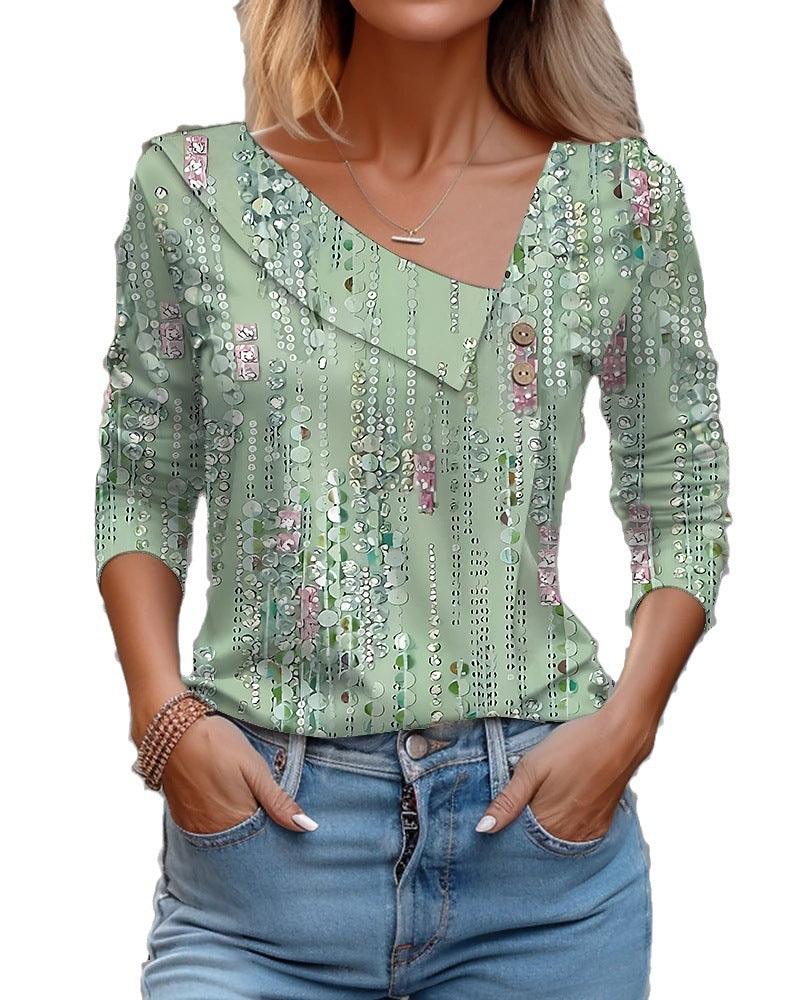 Exclusive V-neck Long Sleeve T-shirt Floral Print — Blue — Size 2XL — Lifestyle View