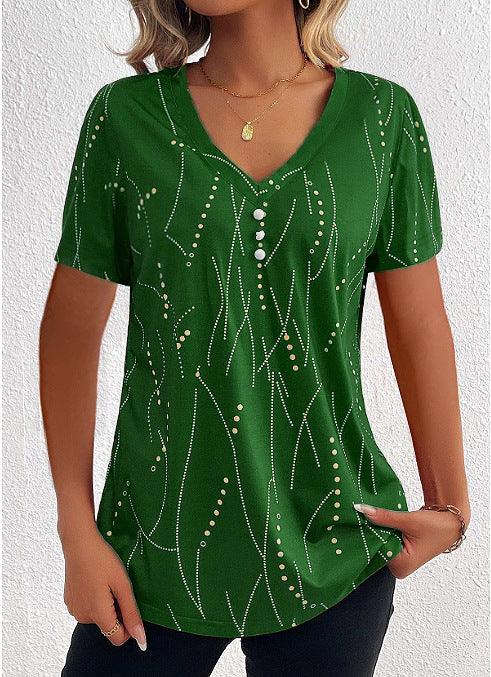 Exclusive V-neck Printed Button T-shirt Summer Fashion — Black — Size L — Detail View