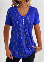 Exclusive V-neck Printed Button T-shirt Summer Fashion — Black — Size L — Top View