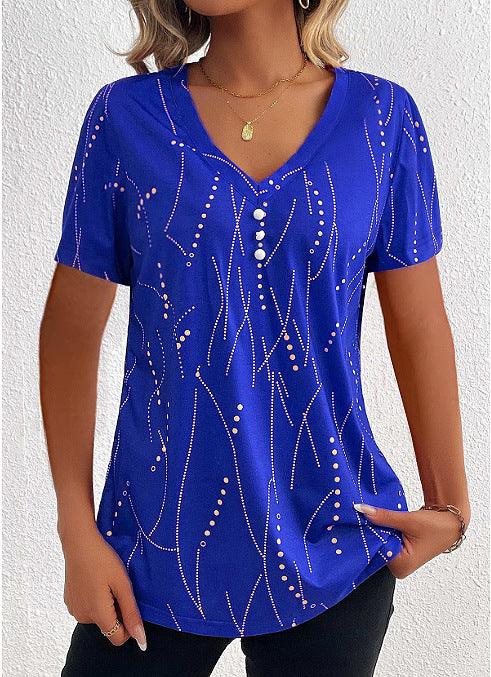 Exclusive V-neck Printed Button T-shirt Summer Fashion — Black — Size L — Top View