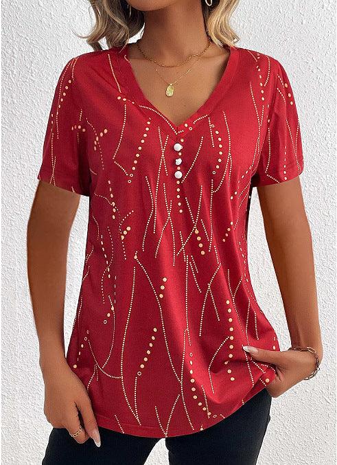 Exclusive V-neck Printed Button T-shirt Summer Fashion — Black — Size L — Lifestyle View
