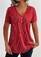 Exclusive V-neck Printed Button T-shirt Summer Fashion — Black — Size L — Lifestyle View