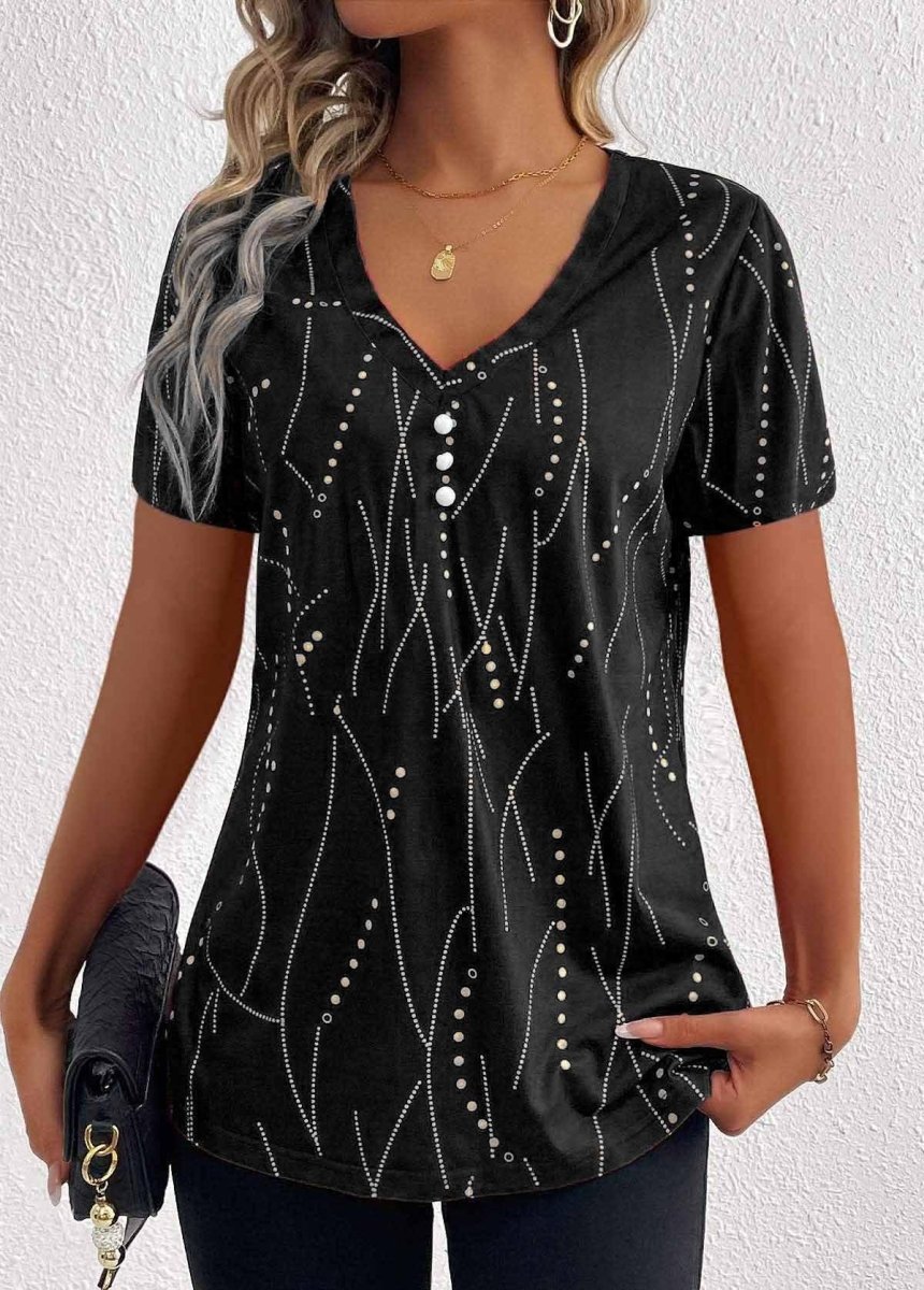 Exclusive V-neck Printed Button T-shirt Summer Fashion — Black — Size L — Side View
