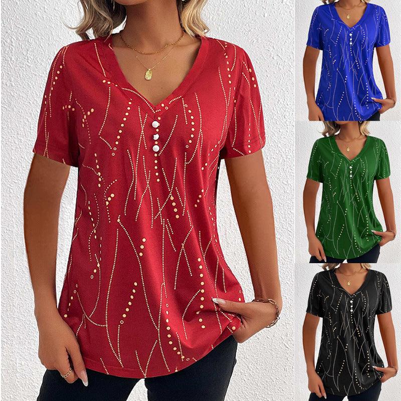 Exclusive V-neck Printed Button T-shirt Summer Fashion — Black — Size L — Front View