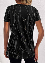 Exclusive V-neck Printed Button T-shirt Summer Fashion — Black — Size L — Back View