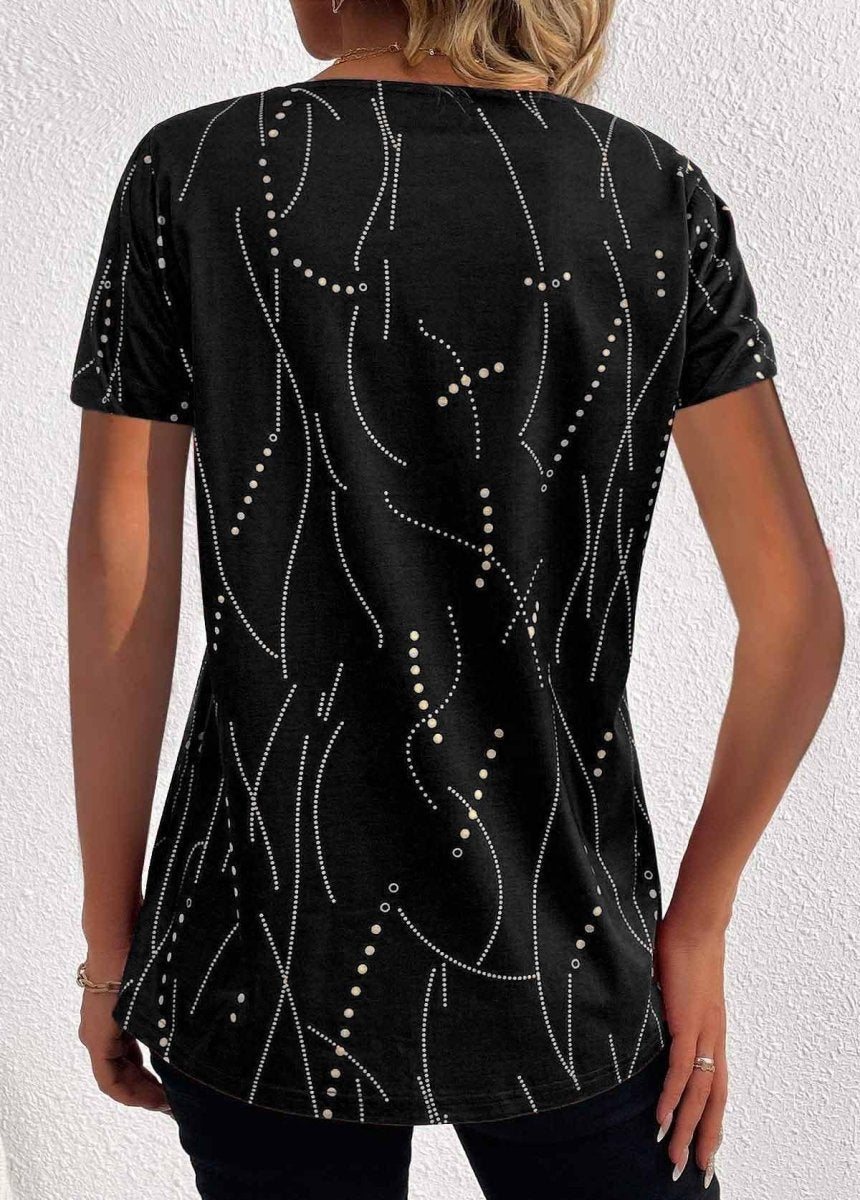 Exclusive V-neck Printed Button T-shirt Summer Fashion — Black — Size L — Back View
