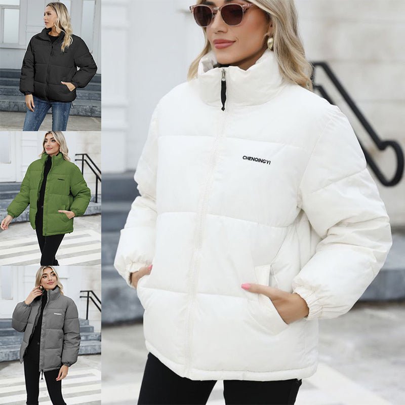 Exclusive Women Casual Windproof Down Cotton Coat — Black — Size L — Front View