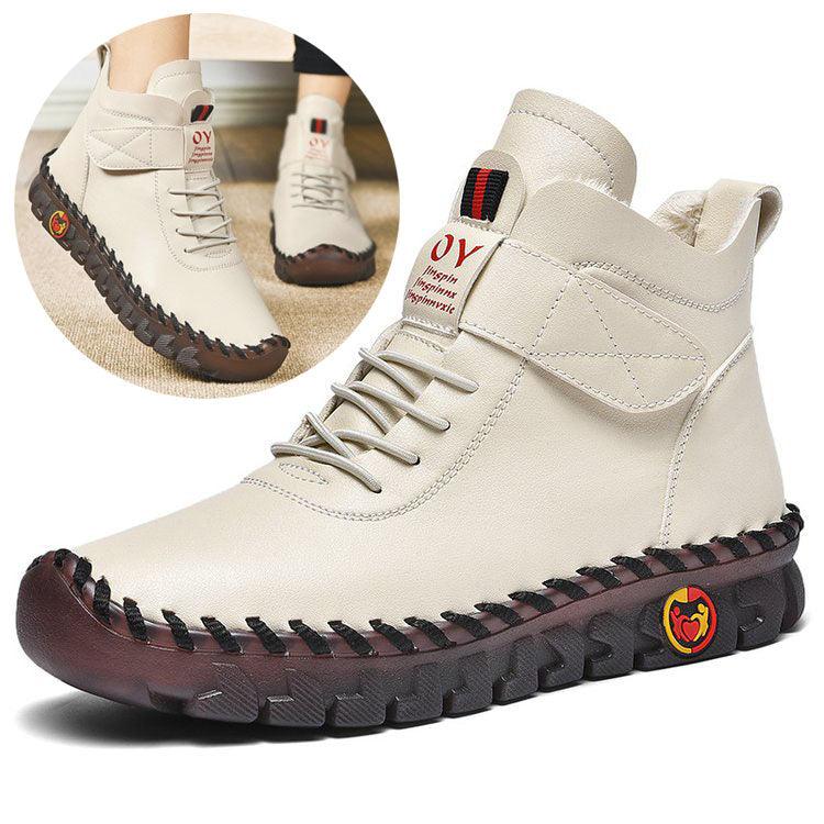 Exclusive Winter Warm Lace Up Plush Ankle Boots — Beige Cotton — Size Size35 — Front View