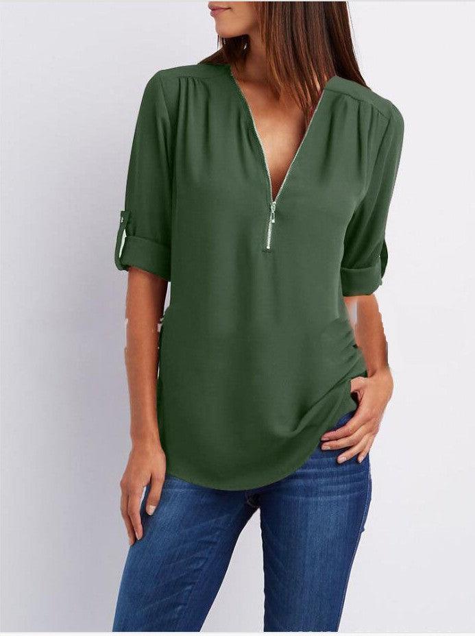Exclusive Women Short Sleeve Loose Tops — Army green — Size 4XL — Side View
