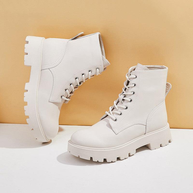 Exclusive Women's British Style Short Boots — Beige — Size 35 — Side View