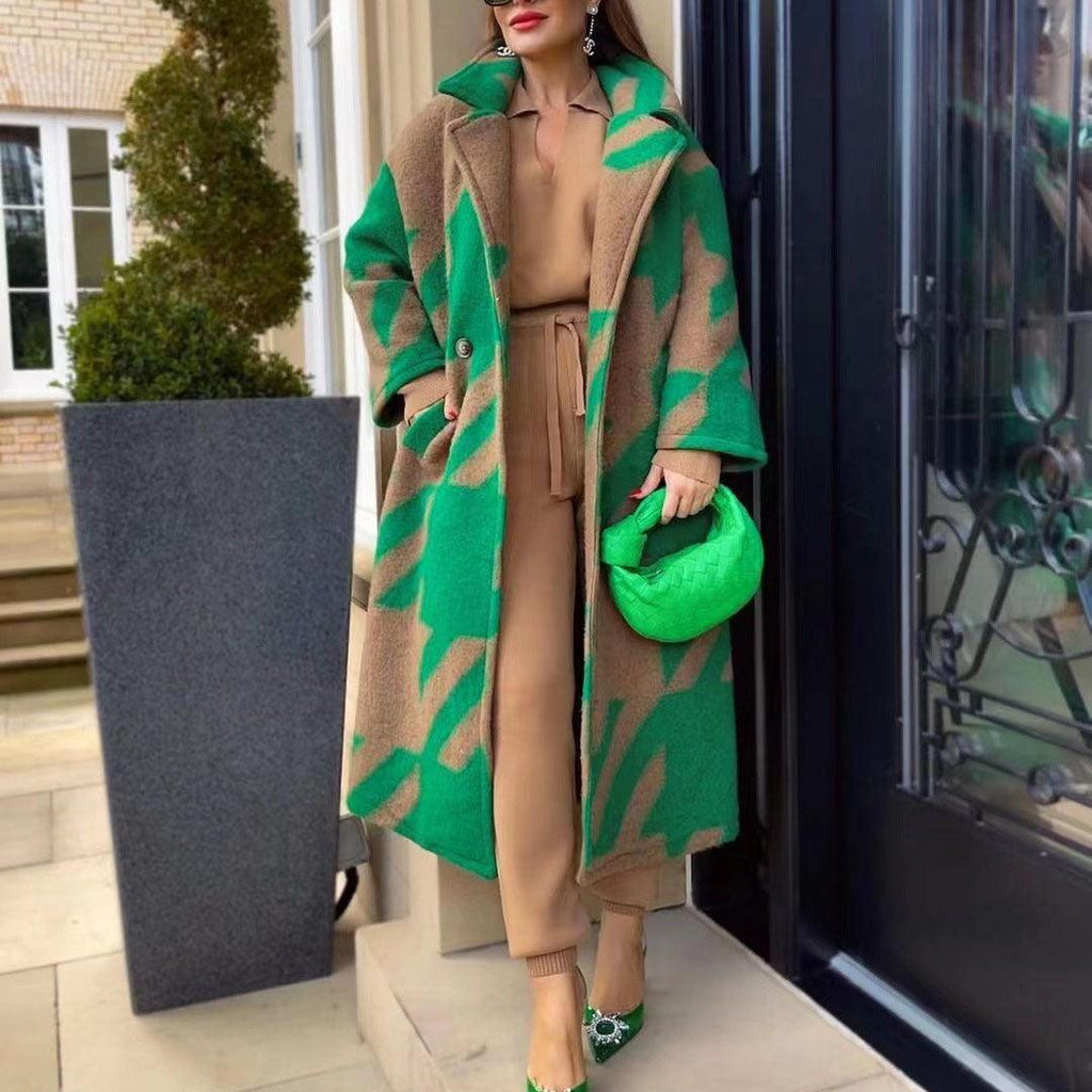 Exclusive Women's Color Block Long Sleeve Coat — Blue Card Color — Size L — Front View