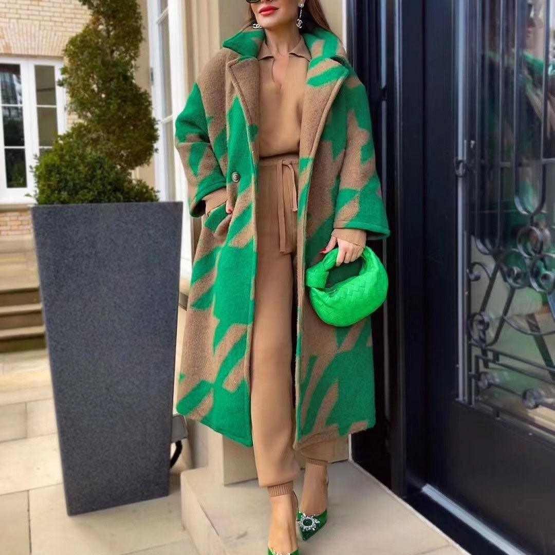 Exclusive Women's Color Block Long Sleeve Coat — Blue Card Color — Size L — Front View