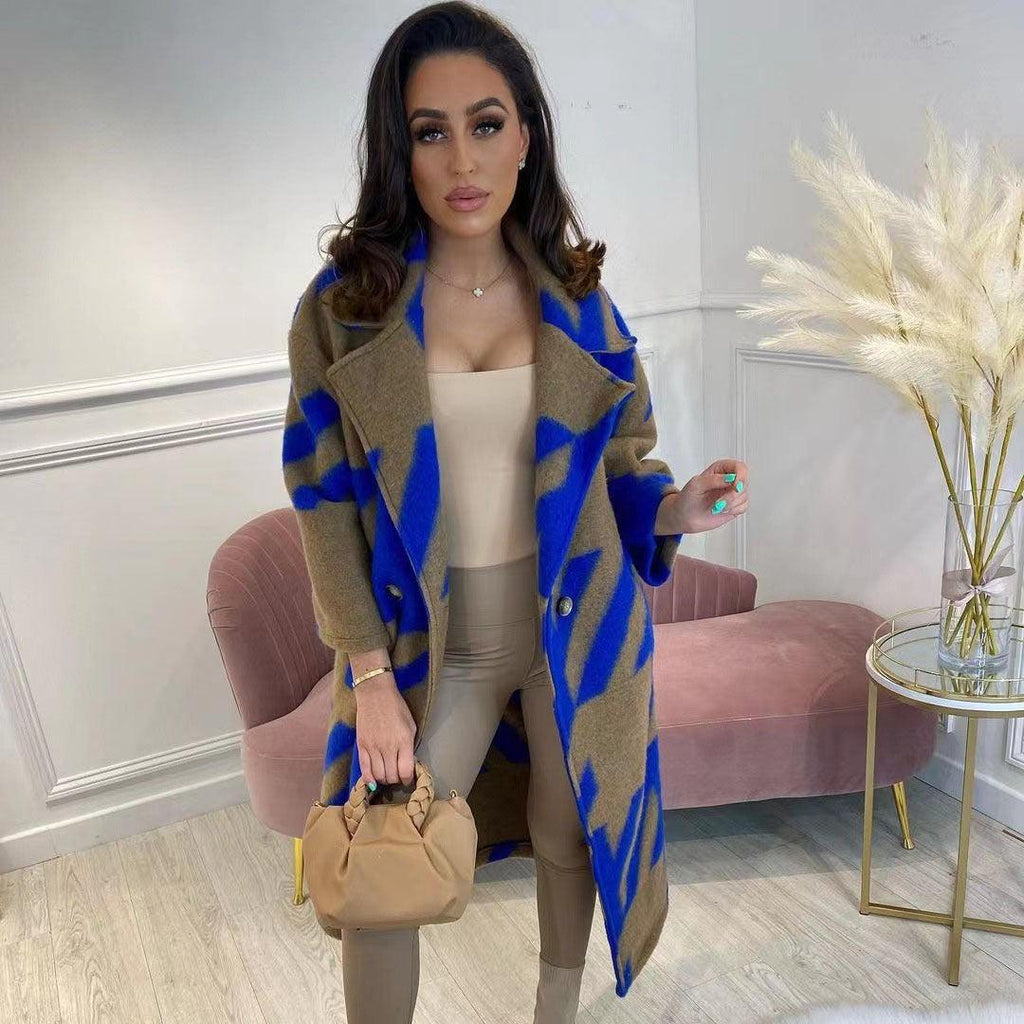 Exclusive Women's Color Block Long Sleeve Coat — Blue Card Color — Size L — Detail View
