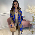 Exclusive Women's Color Block Long Sleeve Coat — Blue Card Color — Size L — Detail View