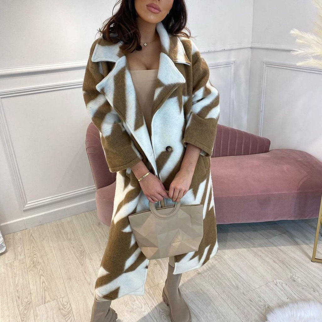 Exclusive Women's Color Block Long Sleeve Coat — Blue Card Color — Size L — Lifestyle View