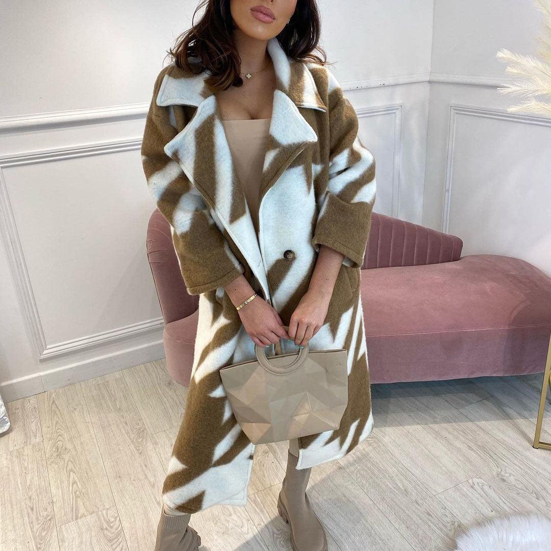 Exclusive Women's Color Block Long Sleeve Coat — Blue Card Color — Size L — Lifestyle View