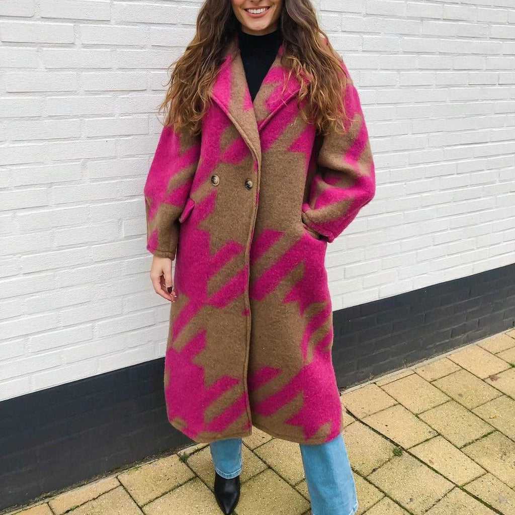 Exclusive Women's Color Block Long Sleeve Coat — Blue Card Color — Size L — Top View