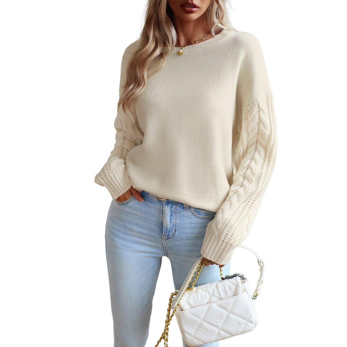 Exclusive Women's Fashionable Simple Round Neck Sweater — Beige — Size L — Side View