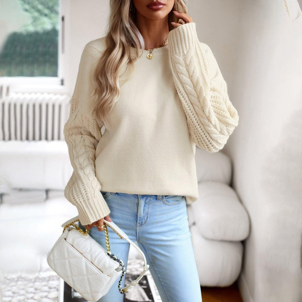 Exclusive Women's Fashionable Simple Round Neck Sweater — Beige — Size L — Lifestyle View
