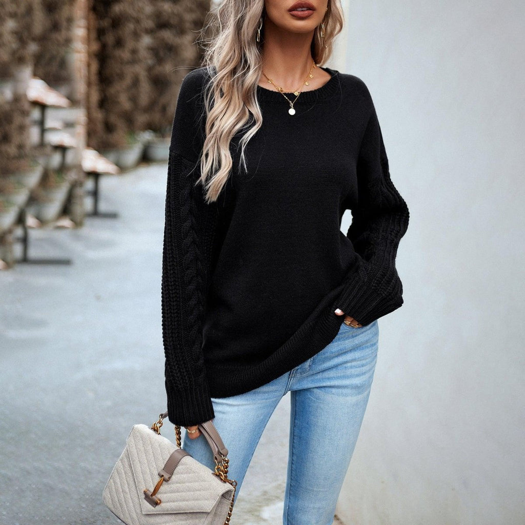 Exclusive Women's Fashionable Simple Round Neck Sweater — Beige — Size L — Back View