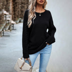 Exclusive Women's Fashionable Simple Round Neck Sweater — Beige — Size L — Back View
