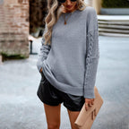 Exclusive Women's Fashionable Simple Round Neck Sweater — Beige — Size L — Top View