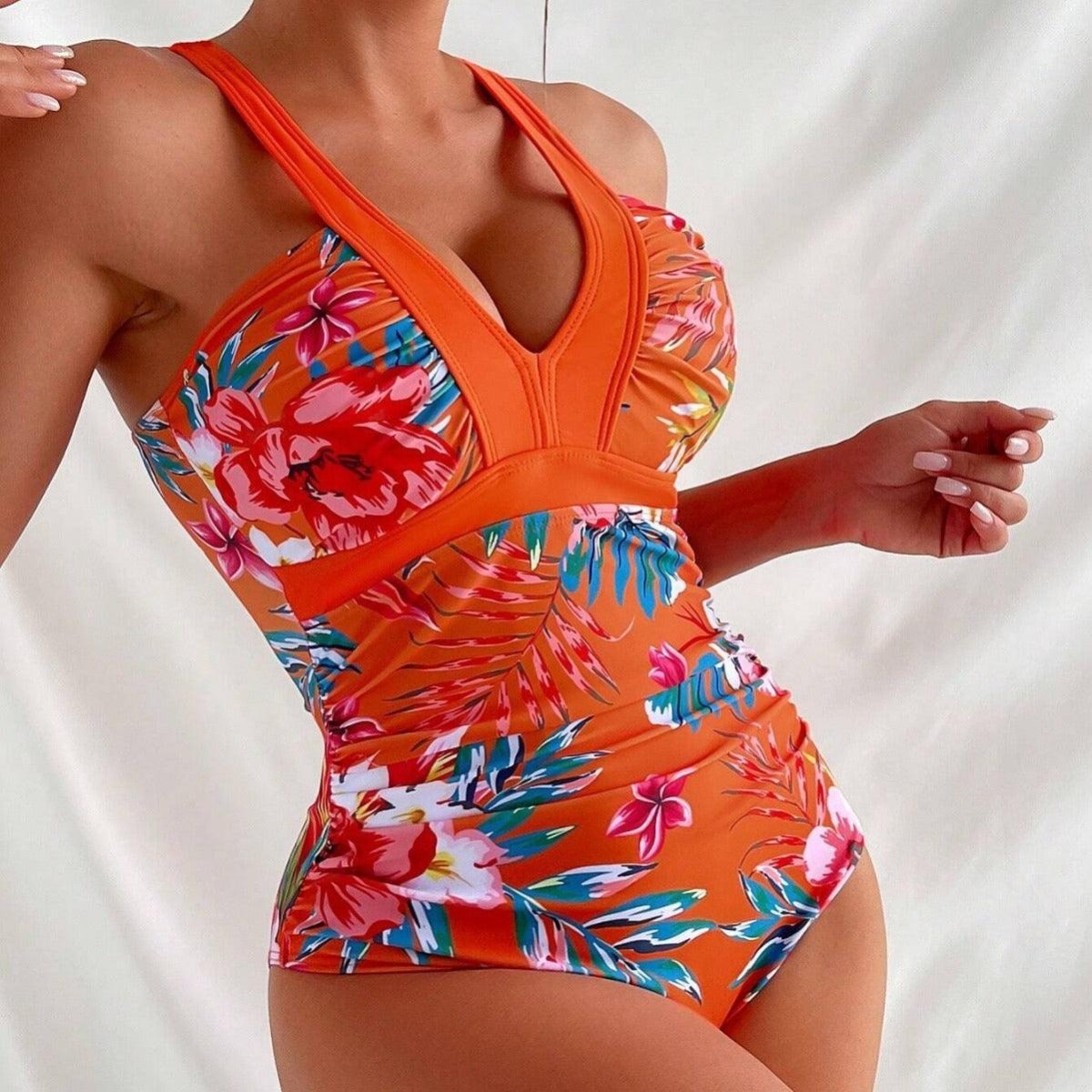 Exclusive Women's Floral Bikini One-piece Swimsuit — Black — Size L — Top View