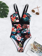 Exclusive Women's Floral Bikini One-piece Swimsuit — Black — Size L — Lifestyle View