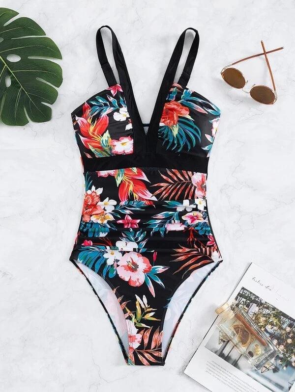Exclusive Women's Floral Bikini One-piece Swimsuit — Black — Size L — Lifestyle View