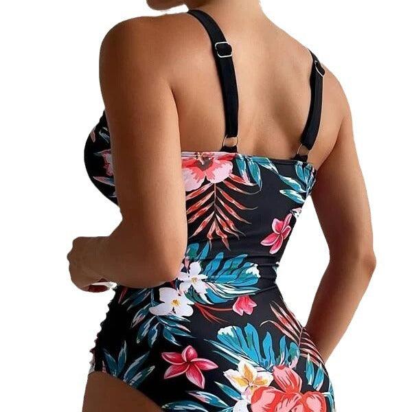 Exclusive Women's Floral Bikini One-piece Swimsuit — Black — Size L — Detail View
