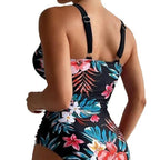 Exclusive Women's Floral Bikini One-piece Swimsuit — Black — Size L — Detail View