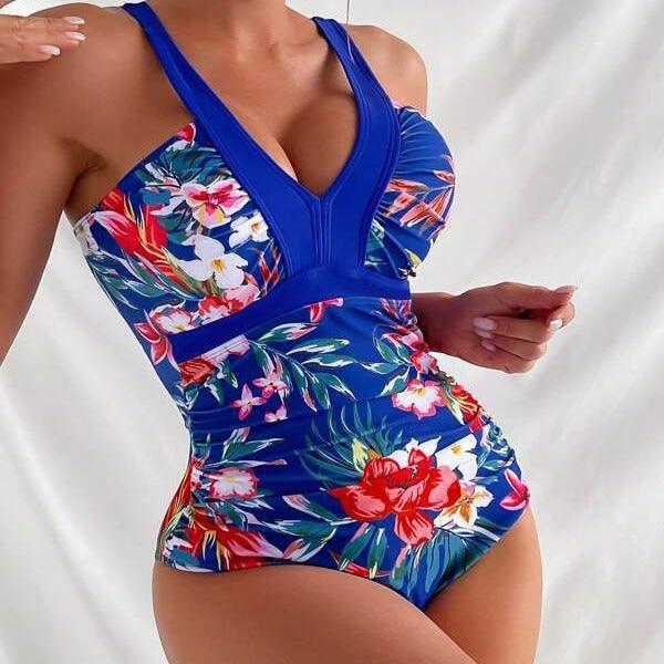 Exclusive Women's Floral Bikini One-piece Swimsuit — Black — Size L — Back View
