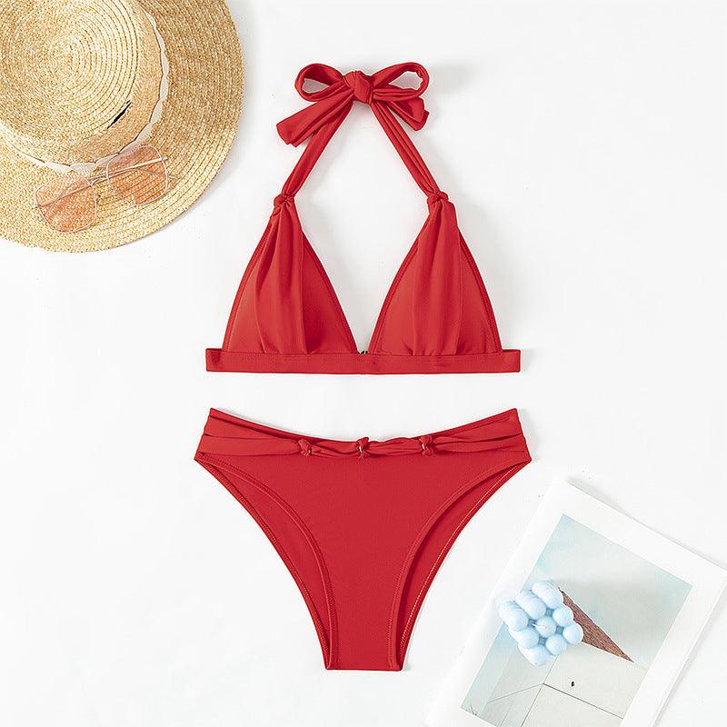 Exclusive Women's Lace-up Halterneck Split Beach Bikini — Red — Size L — Back View