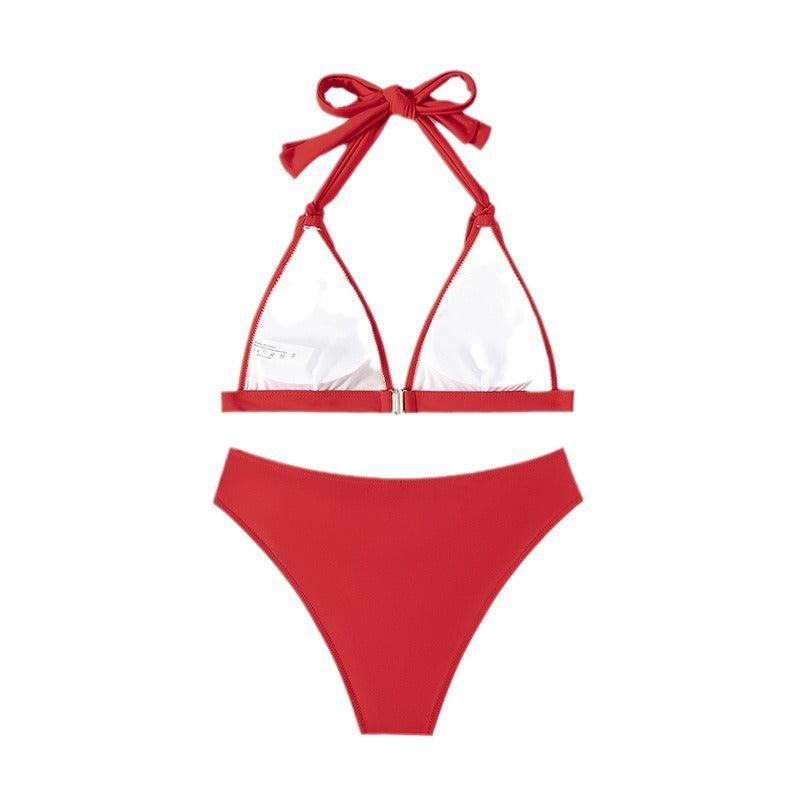 Exclusive Women's Lace-up Halterneck Split Beach Bikini — Red — Size L — Detail View